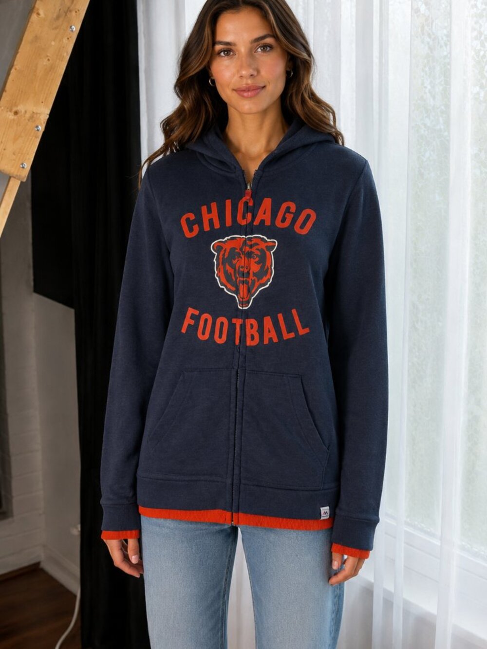Majestic Chicago Bears Football Full Zip Hoodie Navy Orange Women’s M NFL